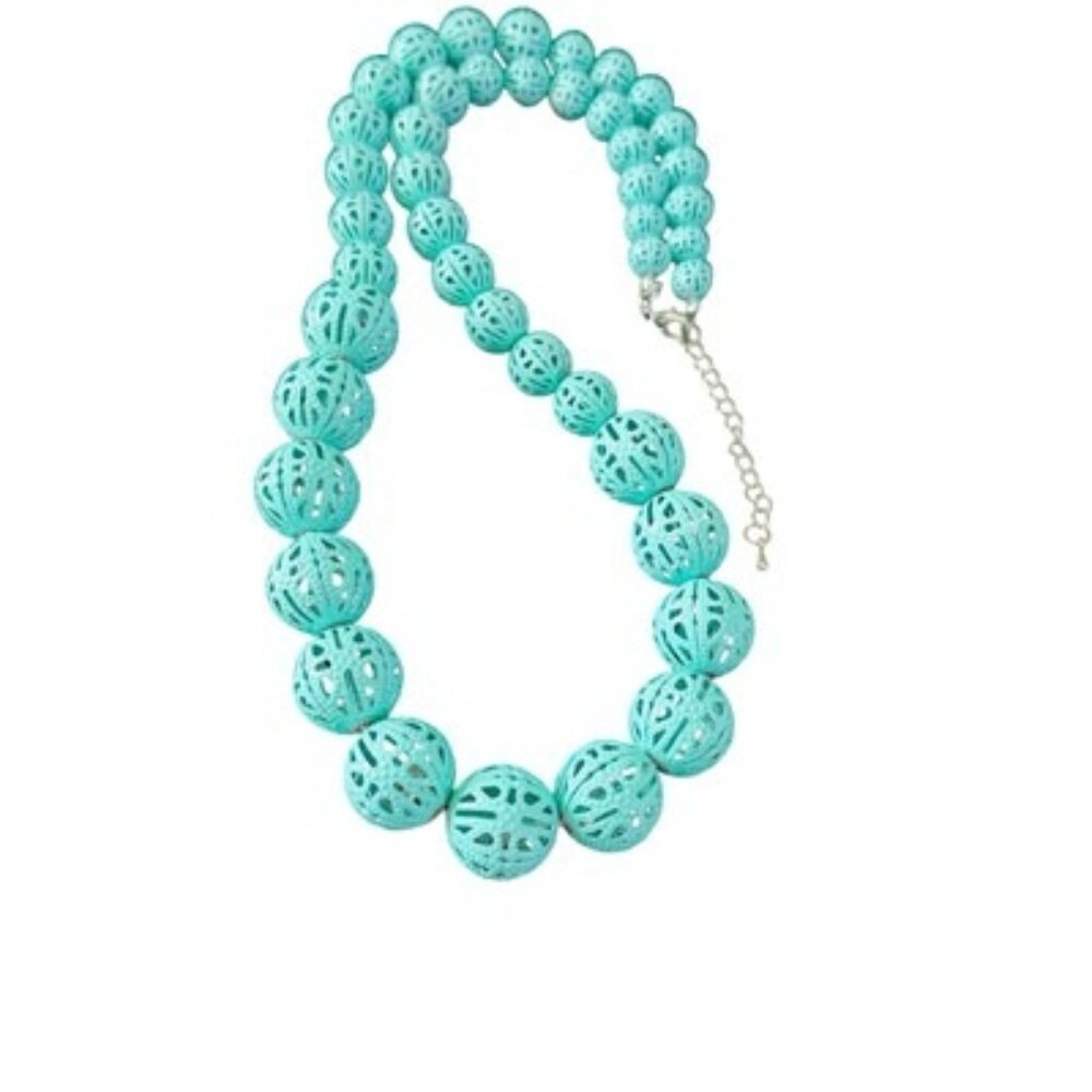 Vintage Bold Metal Balls Spheres Necklace Teal Blue Varied Sizes Estate Fashion